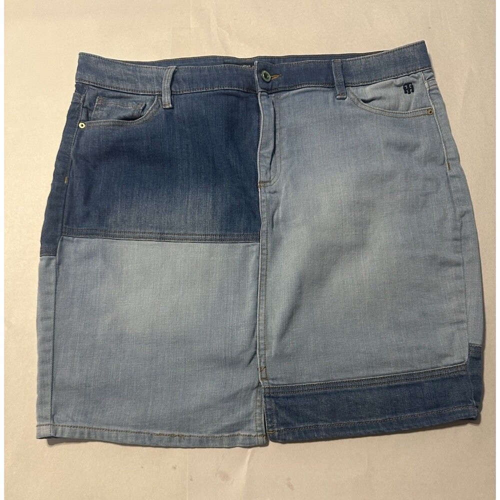 Tommy Hilfiger Blue Jean Skirt Womens Stretch Sz 16 Patchwork Denim Pocket Logo